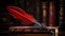 a red feather quill resting on a book with books in the background