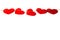 Red felt hearts on twine rope white background close up view. Valentine`s Day greeting card concept