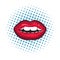 Red female lips closeup. Colorful, retro illustration on pop-art background. Mouth with teeth and lips