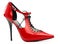 Red female shoe with a lacing on a stiletto