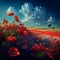 Red Field of Poppies Meadow Summer Landscape Wartime Remembrance Poppy Flower Symbol Generative AI