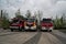 Red fire engines parked in a square in wuhan city