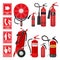 Red fire extinguisher. Firefighter tools for flame protection vector illustrations of various extinguisher types