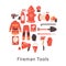 Red fire extinguisher and firefighters tools, uniform and equipment for flame fighting. Fire station amunition