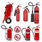 Red fire extinguishers. Firefighters tools for flame fighting attention colored vector symbols for fire station