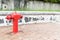 Red fire hydrant at busy walk pavement ready for emergency