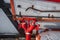 Red fire hydrant surrounded in snow. fire-fighting devices in the forest