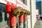 Red fire hydrants in the street. Shallow depth of field