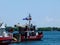 Red fire rescue boats on Lake Ontario in Toronto