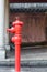 Red fireplug standing on footpath