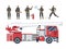 Red firetruck and firefighters, flat cartoon vector illustration isolated