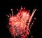 Red fireworks display black night sky background isolated close up, bright red firecracker burst pattern, red salute explosion