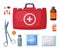 Red First Aid Kit Box with Medical Equipment and Medications for Urgency and Emergency Service Flat Vector Illustration
