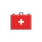 Red first aid kit case with cross isolated on white background - medicine chest with necessary medications.