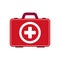 Red first aid kit isolated on gray background. Medical box with white cross like a diagnostics concept.