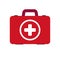 Red first aid kit isolated on gray background. Medical box with white cross like a diagnostics concept. Flat Vector illustration