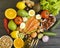 red fish, avocado, nuts on a black wooden background, healthy food