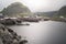 Red fishermen cabin in a fishing village of Lofoten islands, Norway