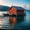 Red fishing dock on popular tourist attraction Patocut Laguna. Stunning morning seascape of Adriatic sea, Albania,