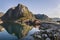 Red fishing hut (rorbu) on the Hamnoy island