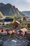 Red fishing hut (rorbu) on the Hamnoy island, Norway