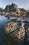 Red fishing hut (rorbu) on the Hamnoy island, Norway