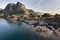 Red fishing hut (rorbu) on the Hamnoy island, Norway