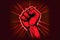 Red fist on a black background, which is a well-known symbol protest. Bold, striking image represents resistance