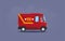 Red flat cartoon post or delivery van vehicle with driver or courier on purple background