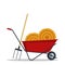 Red flat gardening wheelbarrow with hay and pitchfork isolated on white background. Tool constraction farming wheel icon