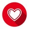 Red flat round heart with outline icon, button with long shadow isolated on a white background.