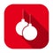 Red flat rounded square Christmas balls hanging on threads icon, button with long shadow.