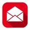 Red flat rounded square opened envelope icon, button with long shadow.