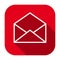 Red flat rounded square opened envelope outline icon, button with long shadow.