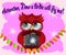 A red flirtatious cartoon owl sits on a garland of flags with a camera and photographs. Photographer, paparazzi, reportage