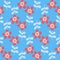 Red flower on blue background seamless pattern, daisy chamomile wild flower, vector Illustration