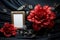 Red flower commands attention within a black framed front view photograph