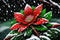 a red flower with green leaves and snow and a dark background by AI Generated