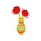 Red flowers in colorful vase on white background.