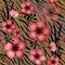 Red flowers on tiger wild skin leather seamless pattern