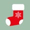 Red fluffy Christmas stocking with white snowflake on green background. Vector Christmas gift sock. Flat vector Illustration