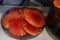 Red fly agaric. Amanita Muscaria. Open the cap of a ripe mushroom in the dryer. Preparation of dried fly agarics