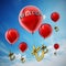 Red flying balloons with tied Turkish lira symbol. 3D illustration