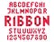 Red folded ribbon letters. Geometric typeface, twenty-six capital letters and ten numbers.