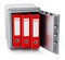 Red folders inside steel safe isolated on white background. 3D illustration