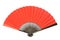 A red folding hand fan made of wood and paper