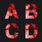 Red font illuminated with reflection effect on black background - set 1. Capital initial letter A, B, C, D for monograms and logos