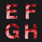 Red font illuminated with reflection effect on black background - set 2. Capital initial letter E, F, G, H, for monograms and logo