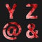 Red font illuminated with reflection effect on black background - set 7. Capital initial letter Y, Z, At, Ampersand, for monograms