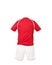 Red football shirt with white shorts